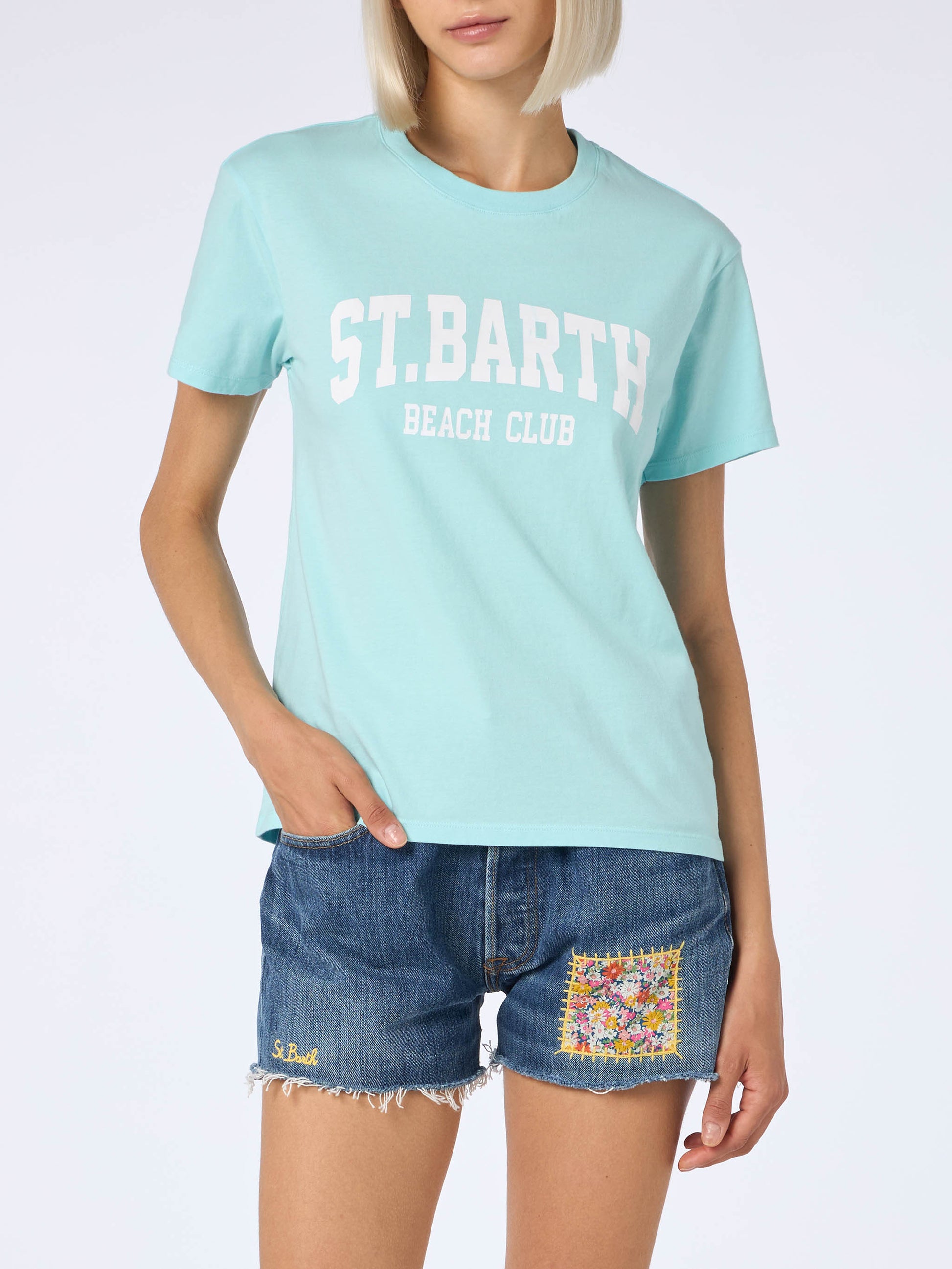 Woman cotton jersey crewneck t-shirt Emilie with St. Barth beach club print - MC2 Saint Barth