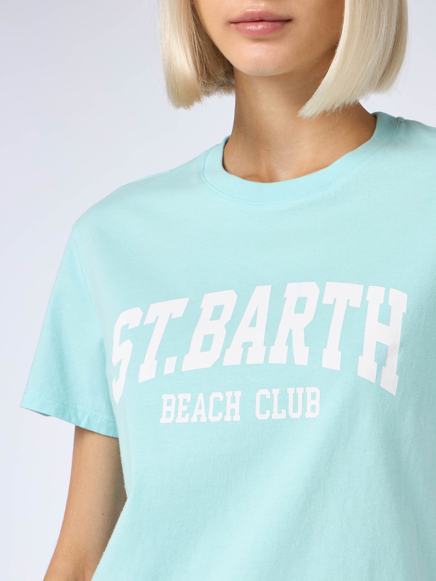 Woman cotton jersey crewneck t-shirt Emilie with St. Barth beach club print - MC2 Saint Barth
