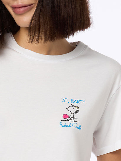 Woman pink cotton jersey crewneck t-shirt Emilie with Snoopy St. Barth Padel Club embroidery | SNOOPY PEANUTS SPECIAL EDITION