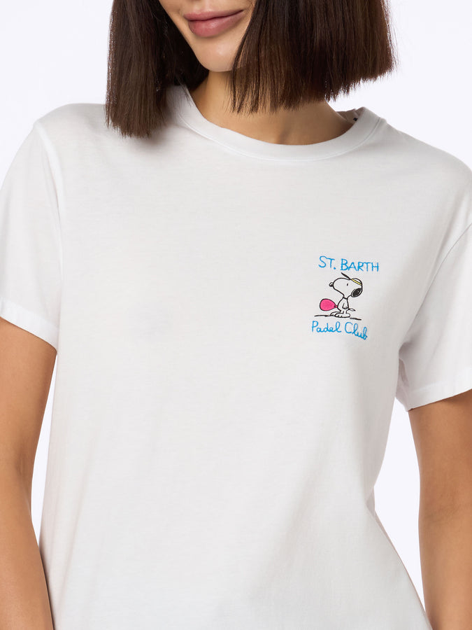 Mc2 Saint Barth Woman pink cotton jersey crewneck t-shirt Emilie with Snoopy St. Barth Padel Club embroidery | SNOOPY PEANUTS SPECIAL EDITION