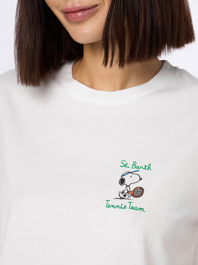 Mc2 Saint Barth Woman pink cotton jersey crewneck t-shirt Emilie with Snoopy St. Barth Tennis Team embroidery | SNOOPY PEANUTS SPECIAL EDITION