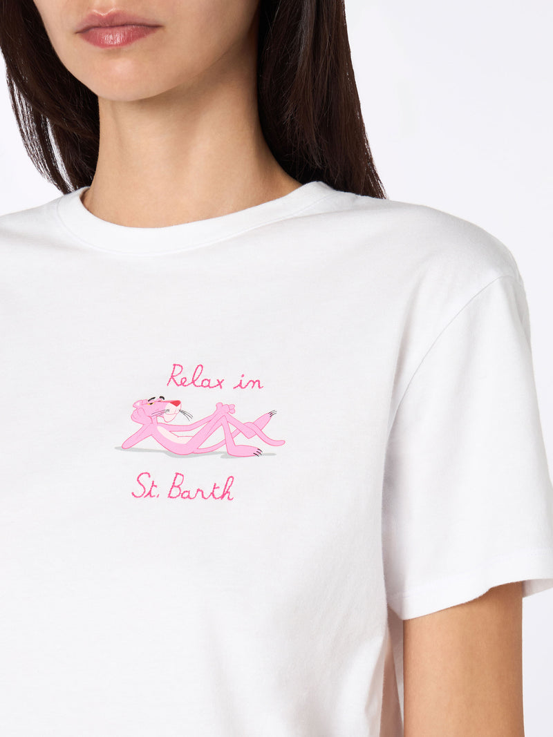 Woman white cotton jersey crewneck t-shirt Emiilie with Relax in St. Barth embroidery | PINK PANTHER SPECIAL EDITION