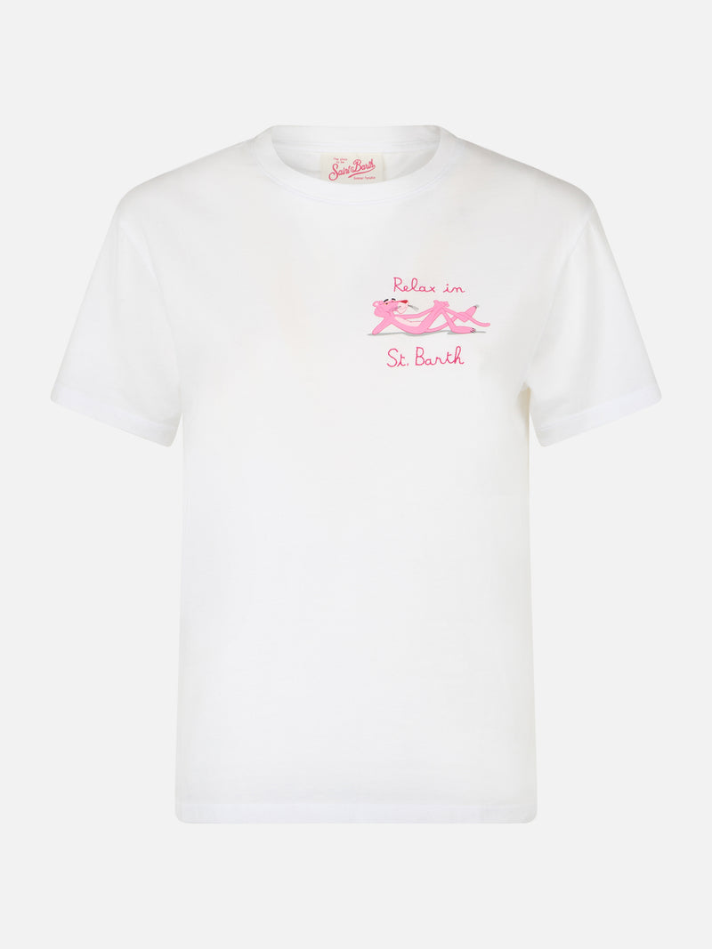 Woman white cotton jersey crewneck t-shirt Emiilie with Relax in St. Barth embroidery | PINK PANTHER SPECIAL EDITION