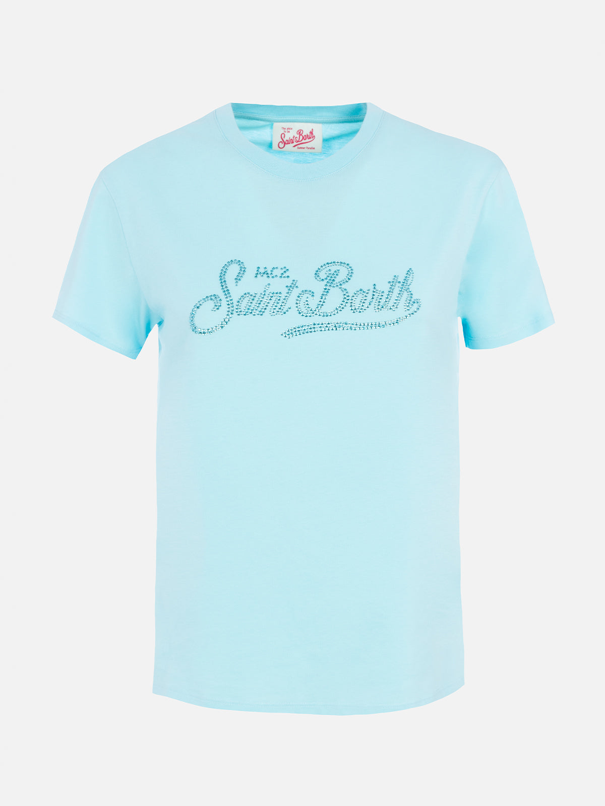 Woman water green cotton jersey crewneck t-shirt Emilie with rhinestones - MC2 Saint Barth