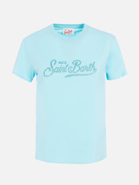 Woman water green cotton jersey crewneck t-shirt Emilie with rhinestones - MC2 Saint Barth