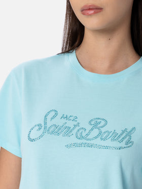 Woman water green cotton jersey crewneck t-shirt Emilie with rhinestones - MC2 Saint Barth