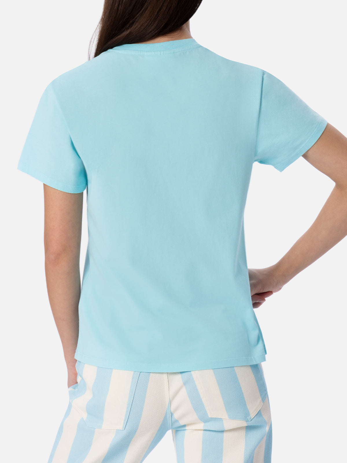 Woman water green cotton jersey crewneck t-shirt Emilie with rhinestones - MC2 Saint Barth