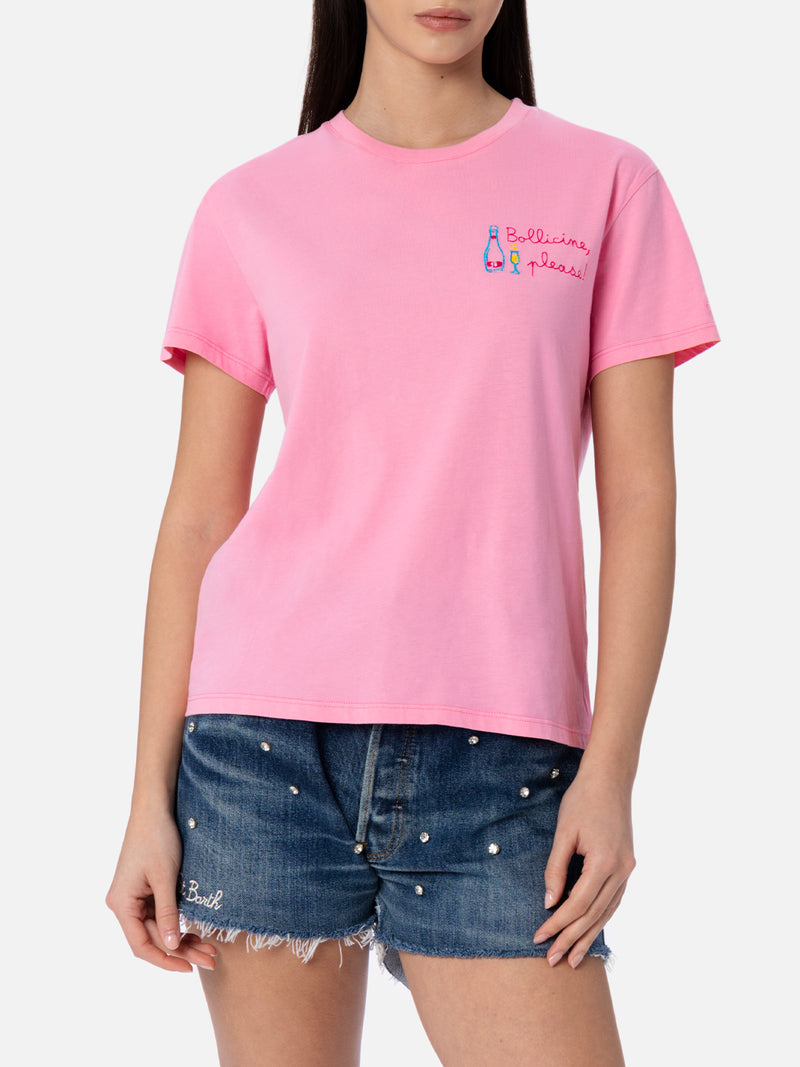 T-shirt girocollo in jersey di cotone rosa da donna Emilie con ricamo Bollicine, please