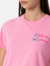 Rosa Damen-T-Shirt Emilie aus Baumwolljersey mit Rundhalsausschnitt und Stickerei „Bollicine, please“