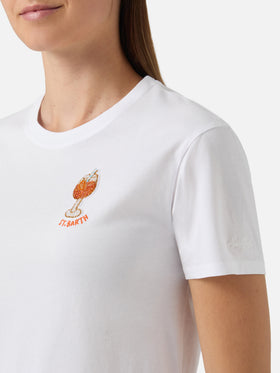 T-shirt Emilie bianca con ricamo cocktail in perline