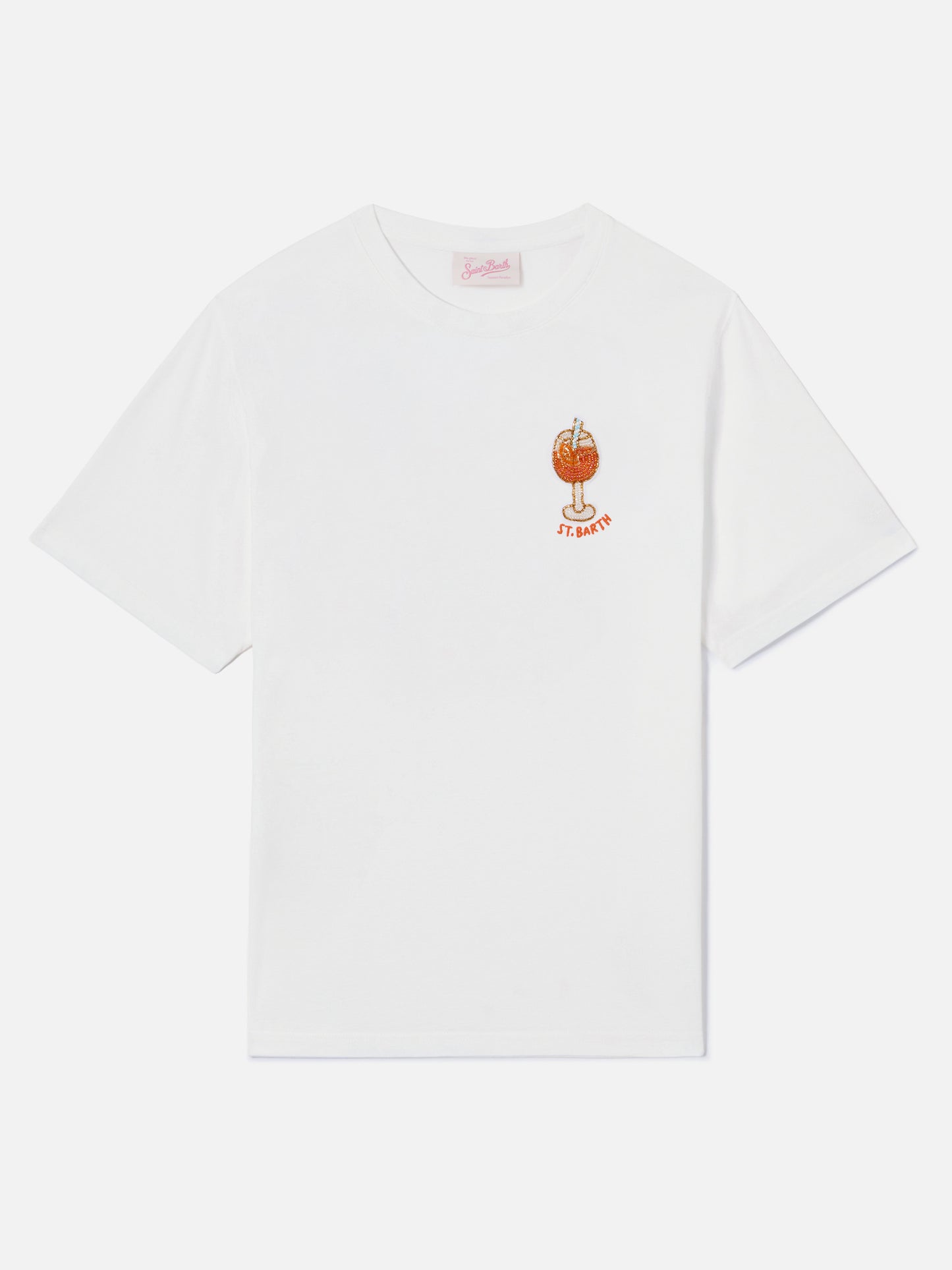 T-shirt Emilie bianca con ricamo cocktail in perline