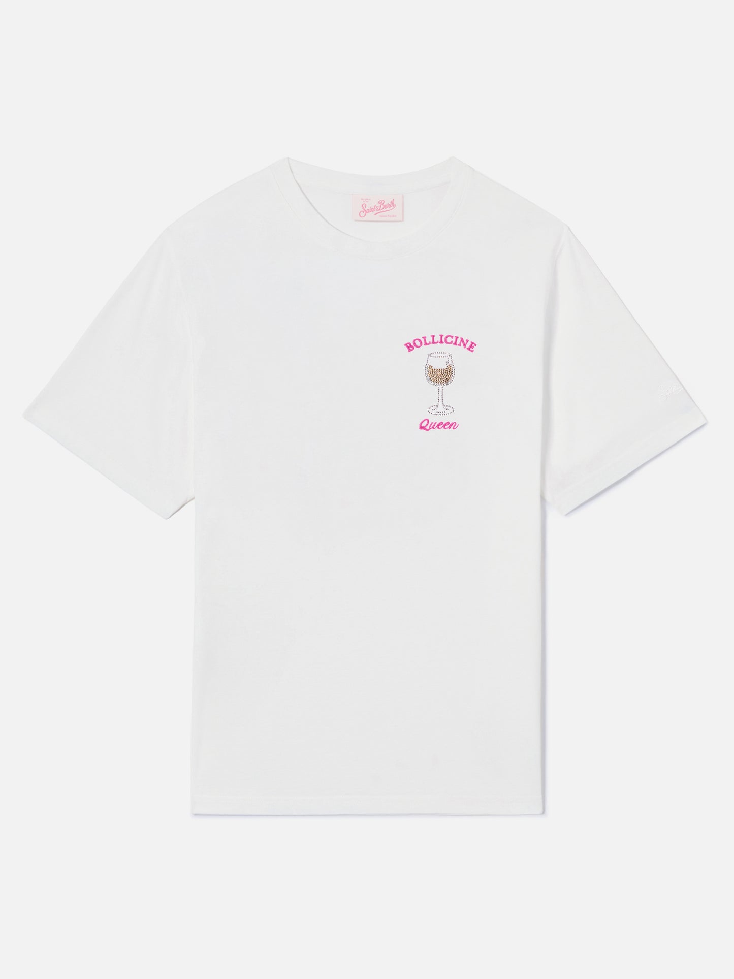 White Emilie T-shirt with Bollicine Queen embroidery and rhinestones