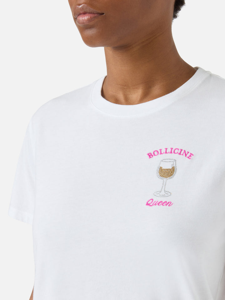 T-shirt Emilie bianca con ricamo Bollicine Queen e strass