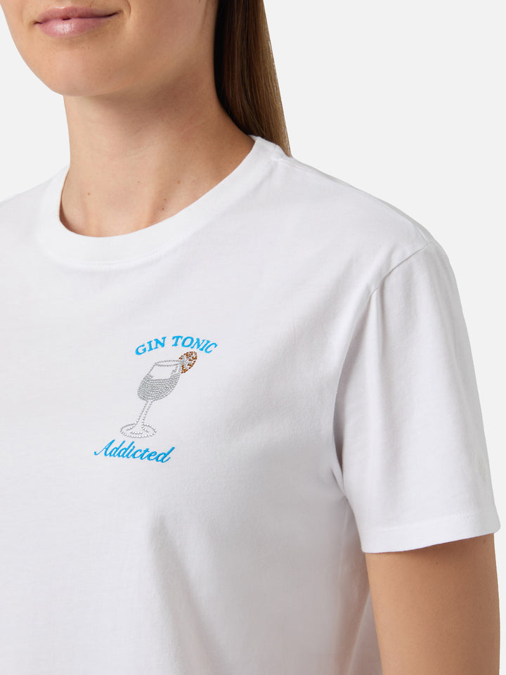 T-shirt Emilie bianca con ricamo Gin Tonic Addicted e strass
