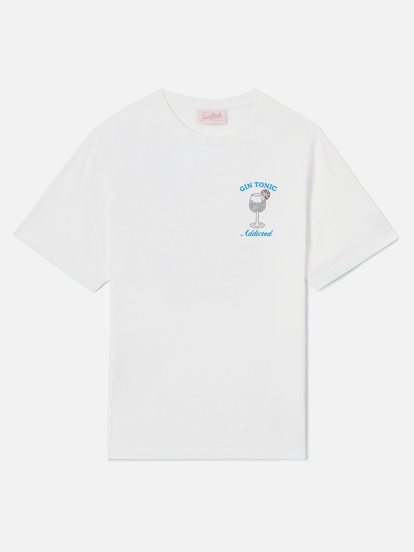 T-shirt Emilie bianca con ricamo Gin Tonic Addicted e strass