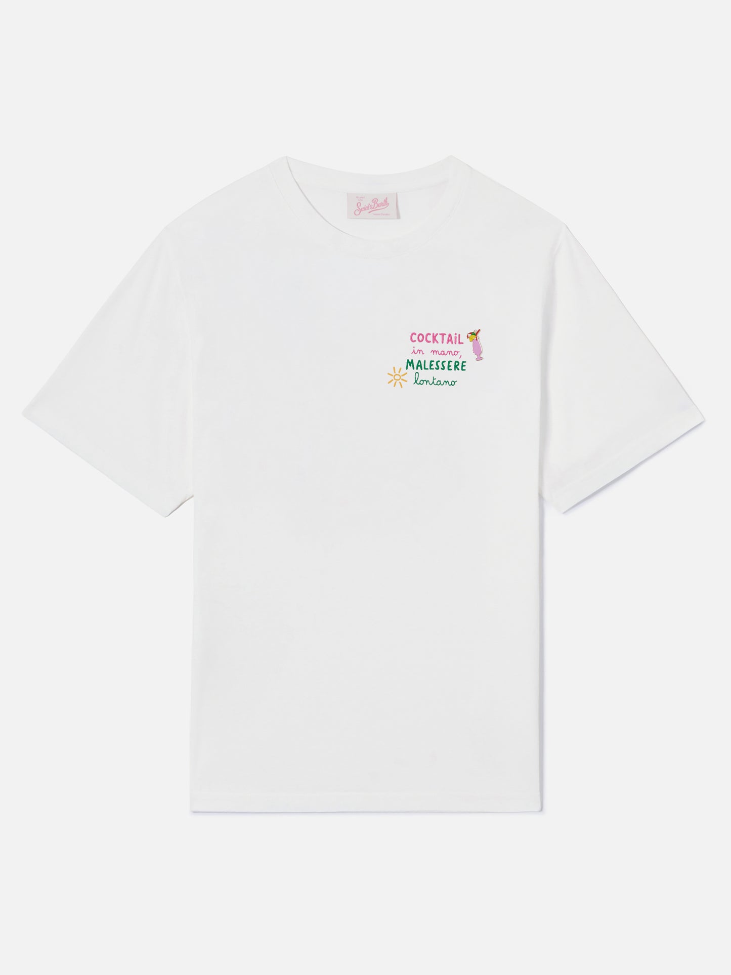 T-shirt Emilie bianca con ricamo charm Cocktail in mano, malessere lontano
