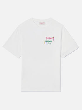 T-shirt Emilie bianca con ricamo charm Cocktail in mano, malessere lontano