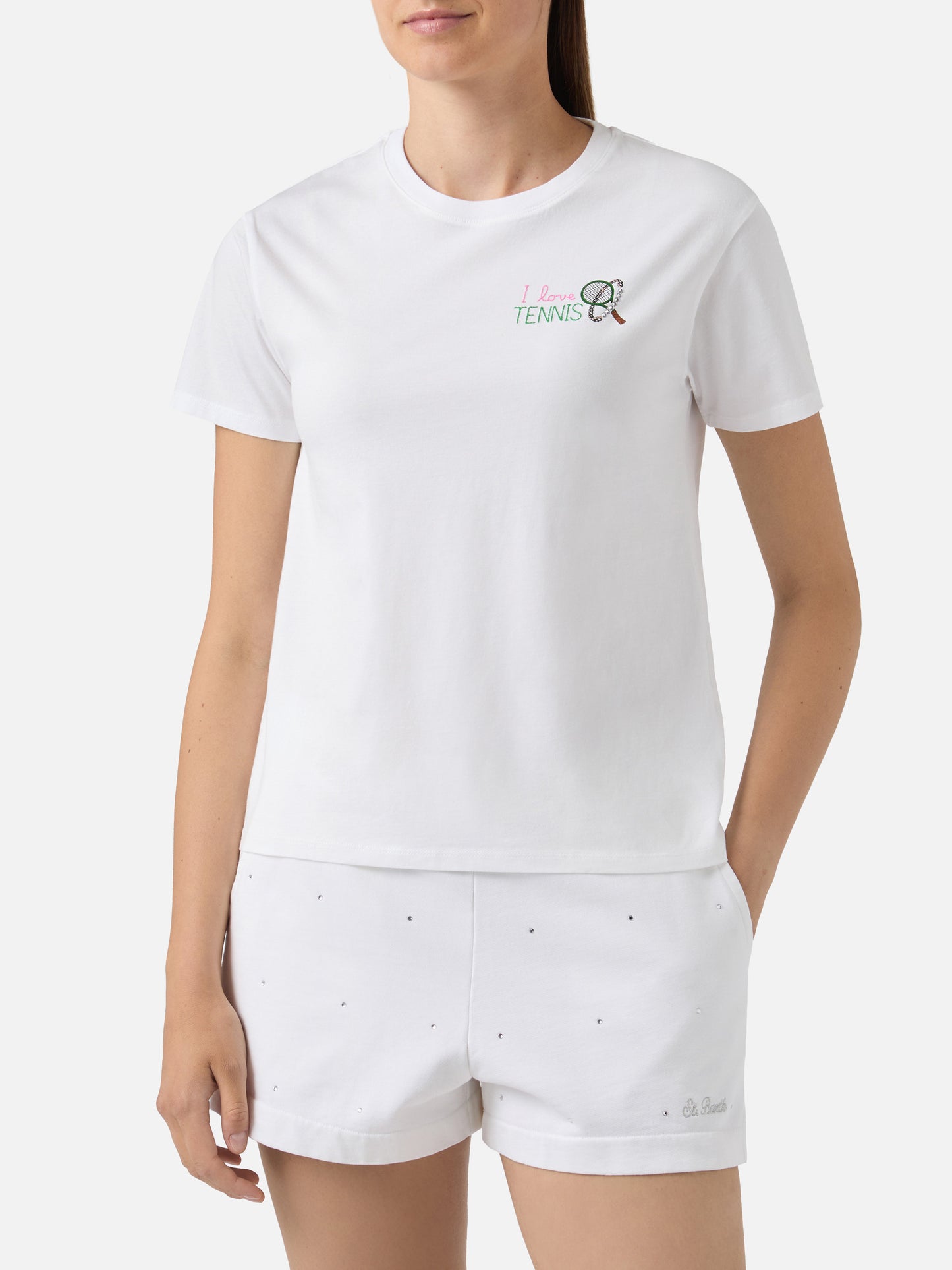 T-shirt Emilie bianca con ricamo I Love Tennis e strass