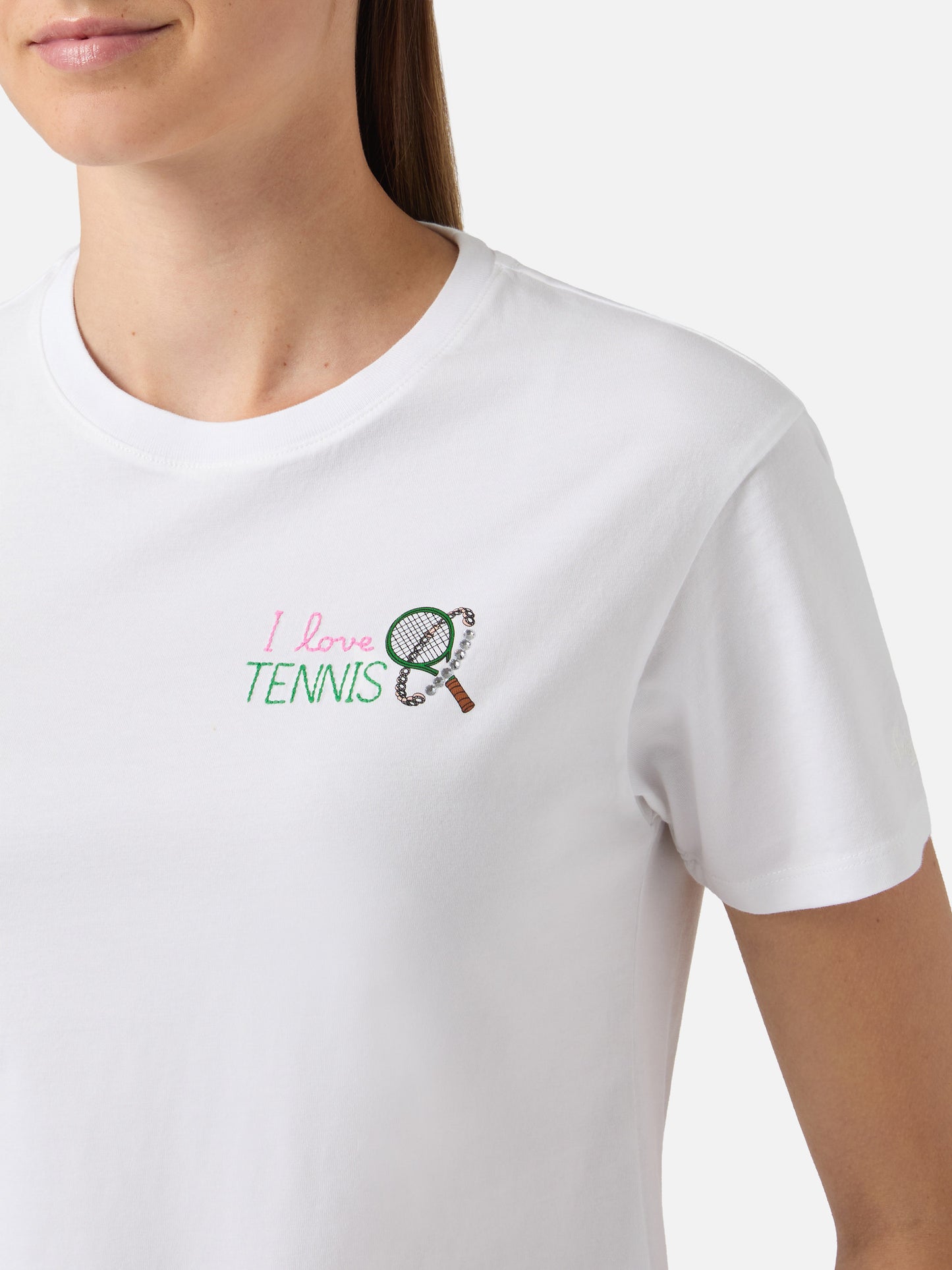 T-shirt Emilie bianca con ricamo I Love Tennis e strass