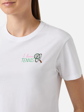 T-shirt Emilie bianca con ricamo I Love Tennis e strass