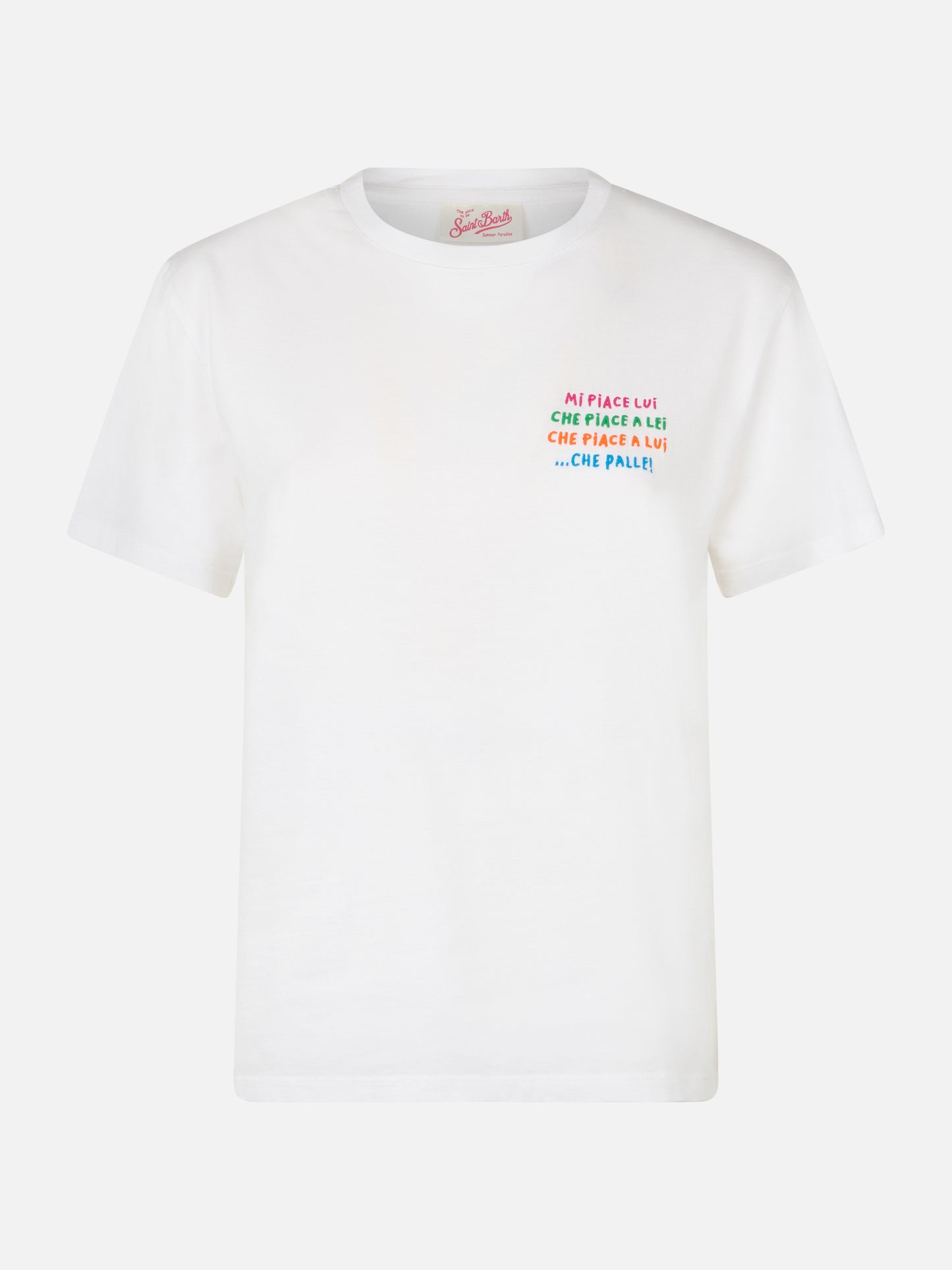 Woman white cotton jersey crewneck t-shirt Emiilie with Mi piace lui... embroidery - MC2 Saint Barth