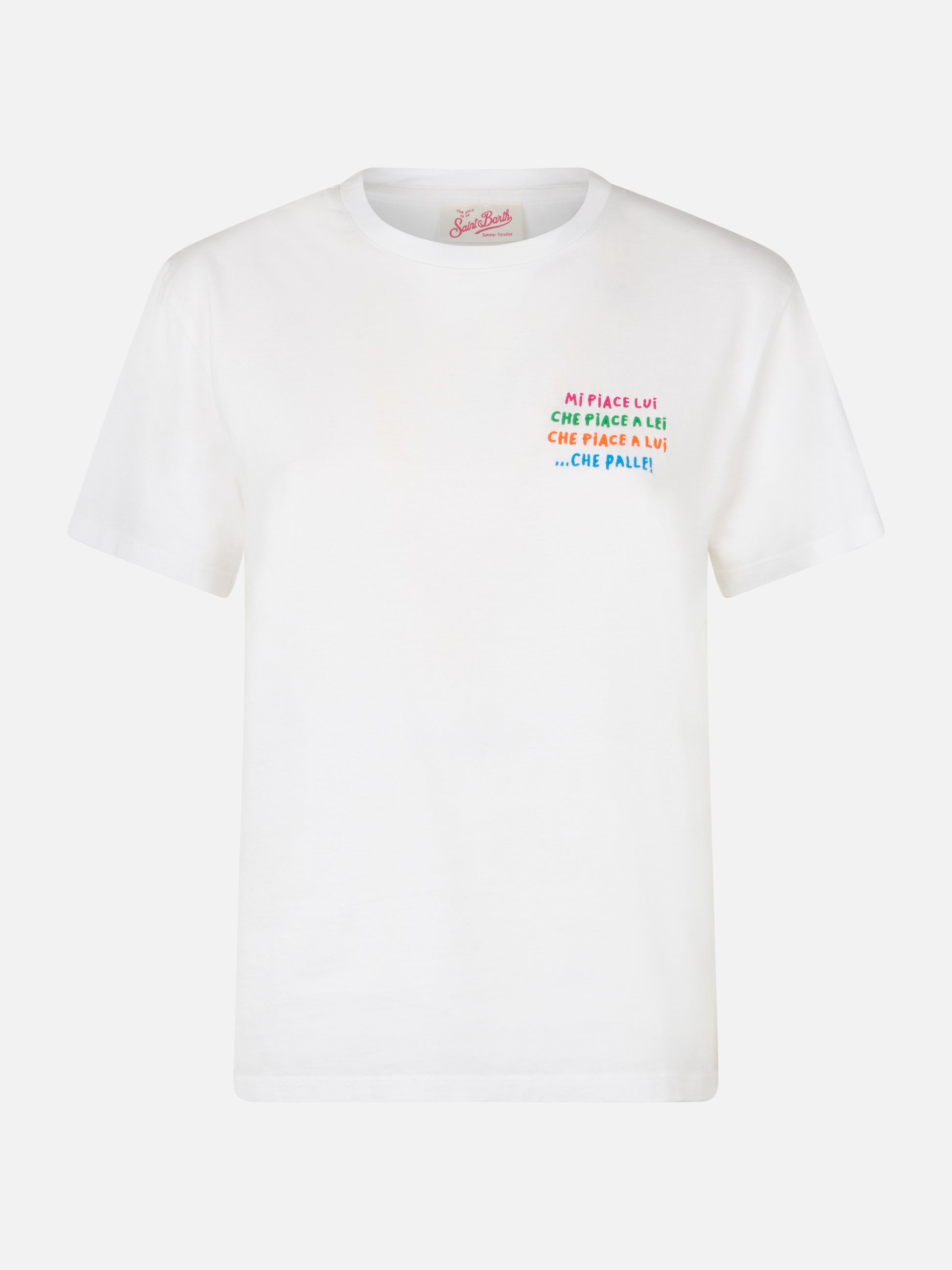 Woman white cotton jersey crewneck t-shirt Emiilie with Mi piace lui... embroidery - MC2 Saint Barth