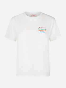 Woman white cotton jersey crewneck t-shirt Emiilie with Mi piace lui... embroidery - MC2 Saint Barth