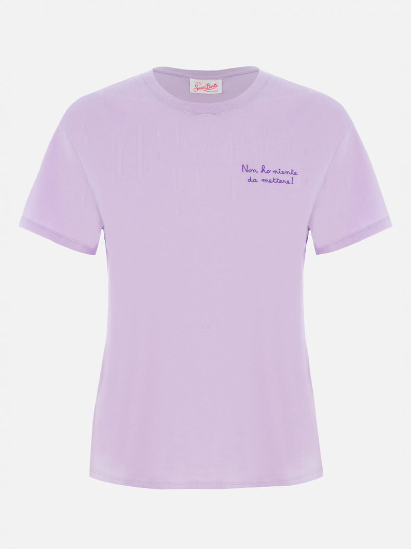 Woman lilac cotton jersey crewneck t-shirt Emilie with Non ho niente da mettere embroidery