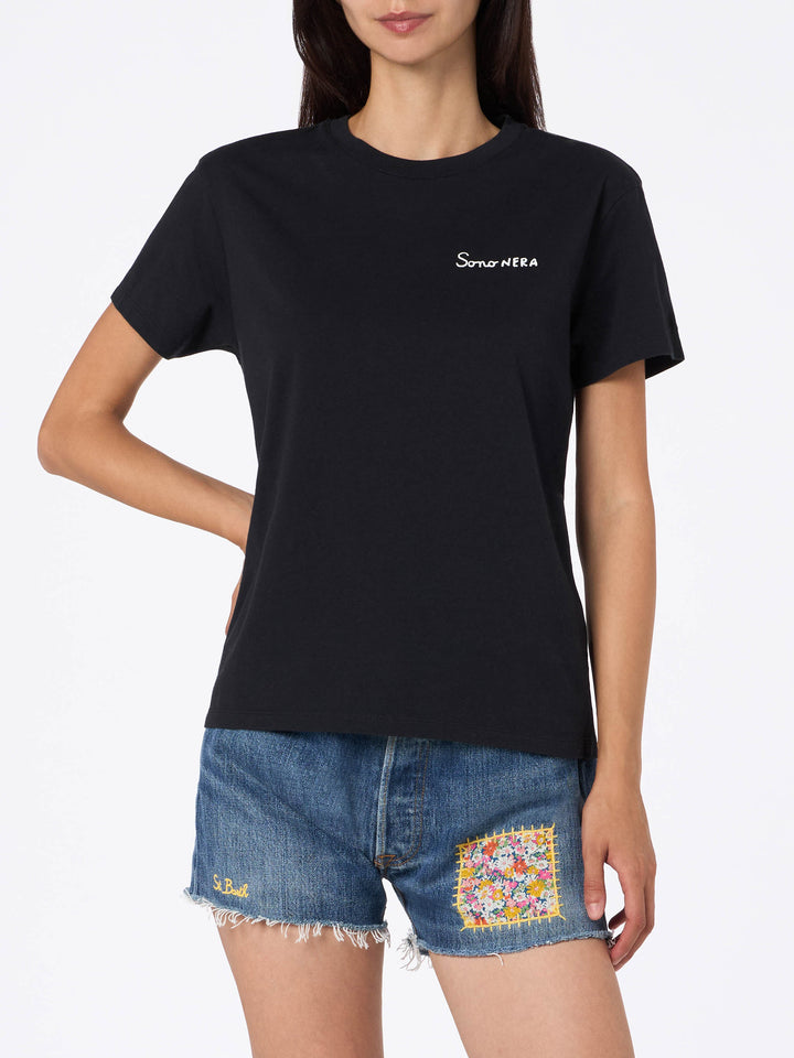 Woman black cotton jersey crewneck t-shirt Emilie with Sono nera embroidery - MC2 Saint Barth