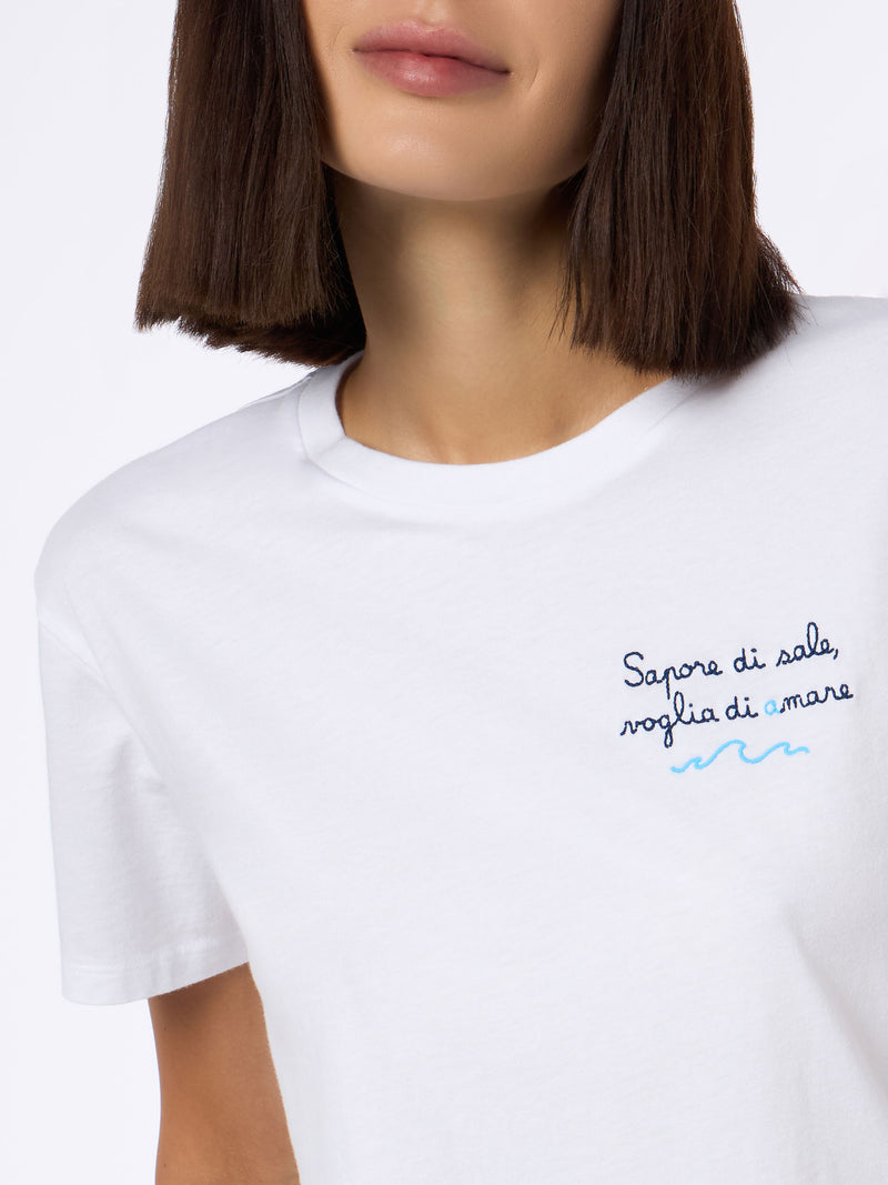Woman cotton jersey crewneck t-shirt Emilie with Voglia di amare embroidery | @serepocaiontas SPECIAL EDITION