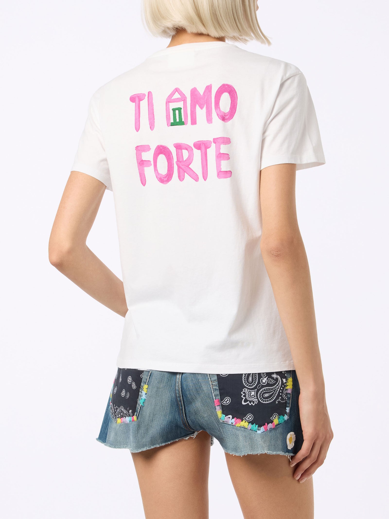 Woman cotton jersey crewneck t-shirt Emilie with Amo Forte print | ALL –  MC2 Saint Barth