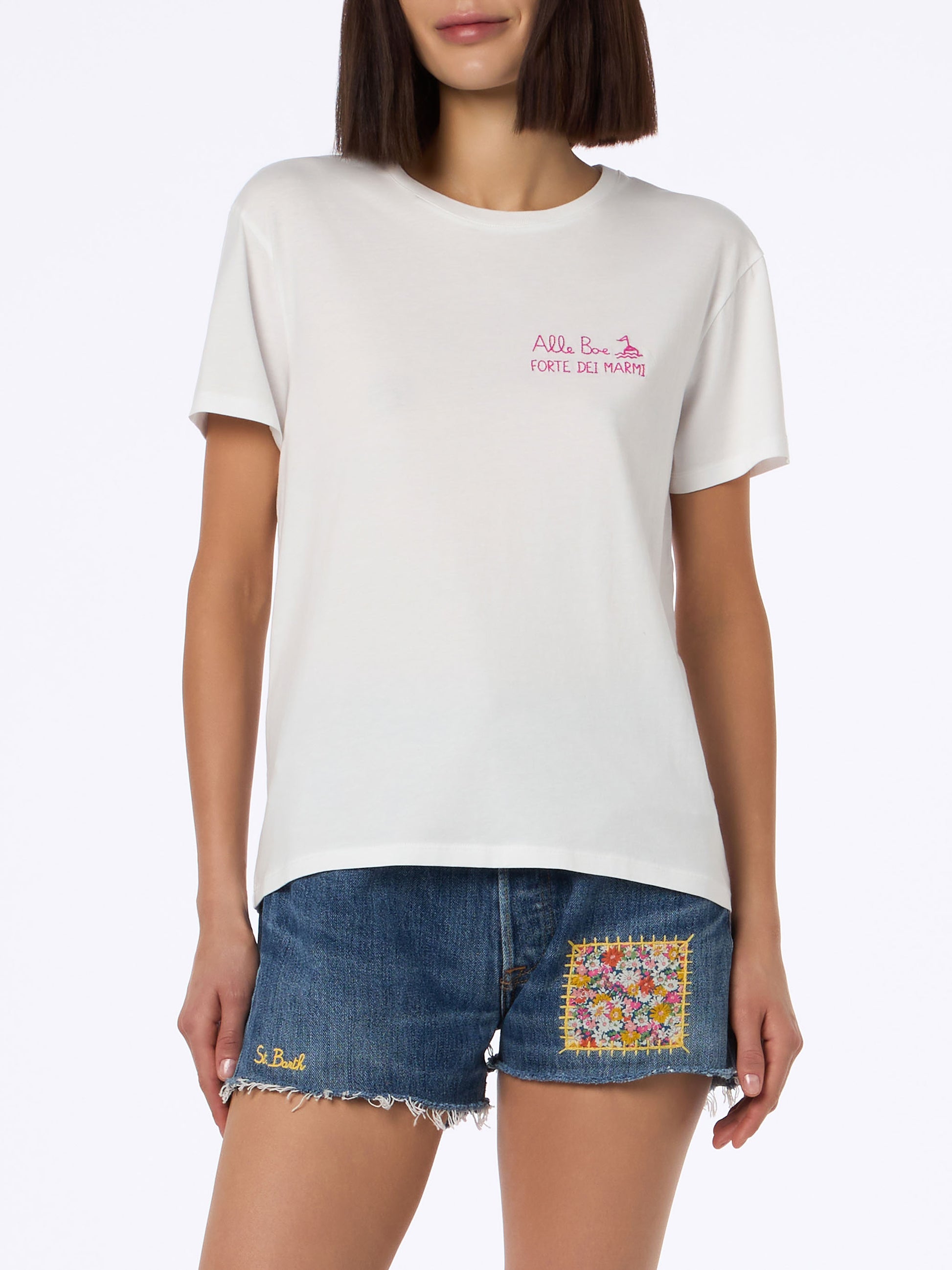 Woman cotton jersey crewneck t-shirt Emilie with Baciami alle Boe print | ALLE BOE SPECIAL EDITION - MC2 Saint Barth