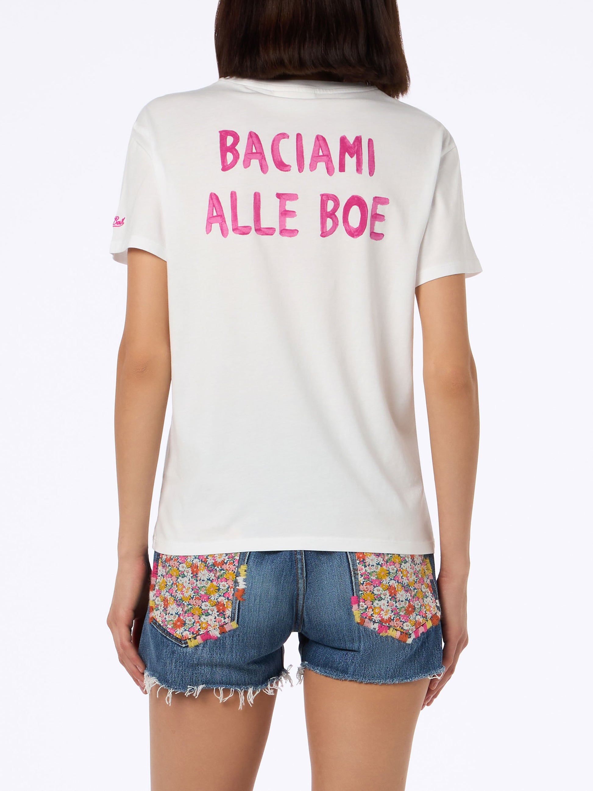 Woman cotton jersey crewneck t-shirt Emilie with Baciami alle Boe print | ALLE BOE SPECIAL EDITION - MC2 Saint Barth