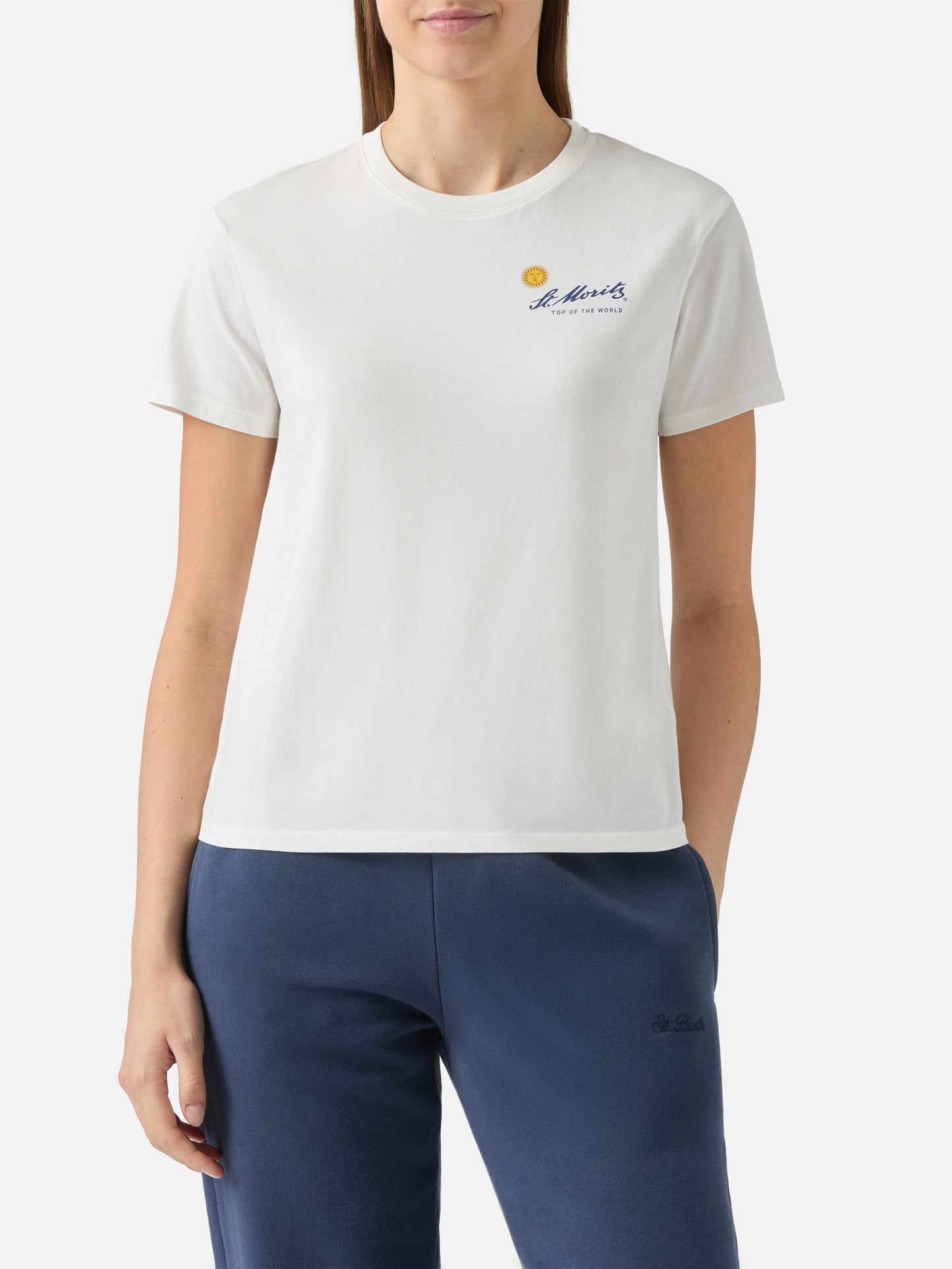 Emilie Baumwoll-T-Shirt in Weiß mit St. Moritz-Print | ST. MORITZ TOP OF THE WORLD SPECIAL EDITION