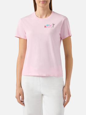 Emilie Baumwoll-T-Shirt in Rosa mit „Ski you later“-Stickerei