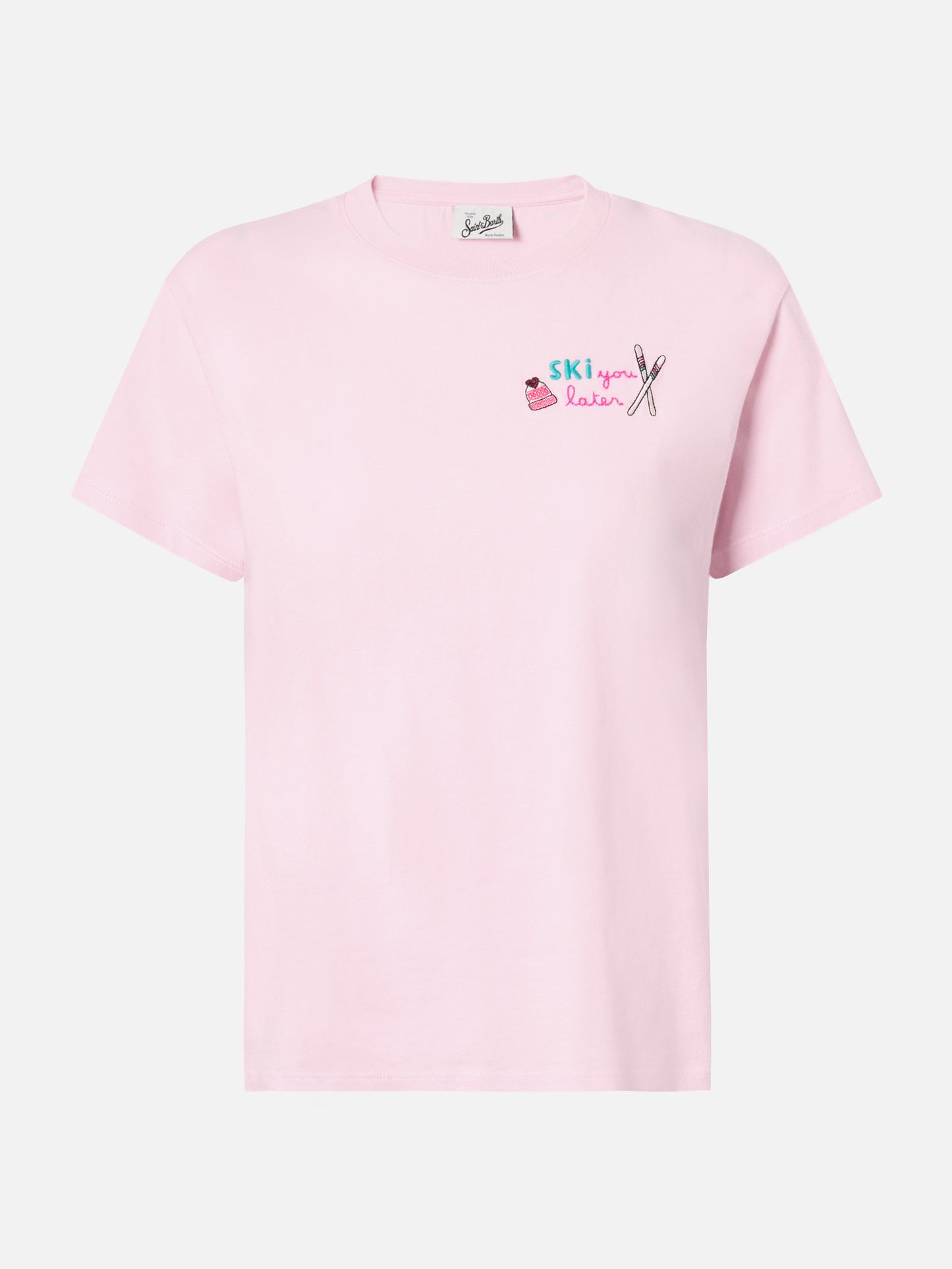 Emilie Baumwoll-T-Shirt in Rosa mit „Ski you later“-Stickerei