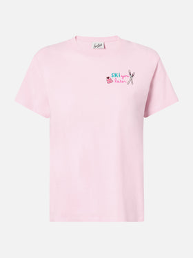 Emilie Baumwoll-T-Shirt in Rosa mit „Ski you later“-Stickerei