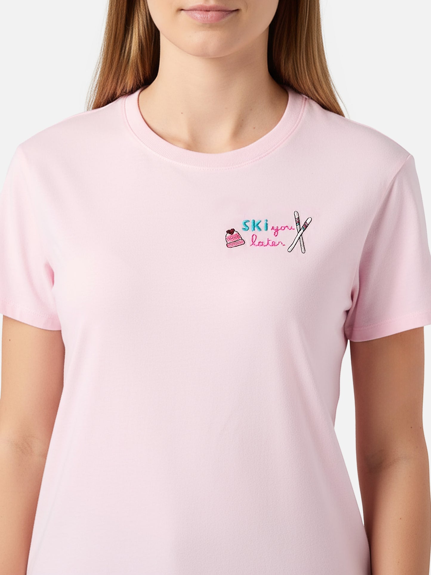 Emilie Baumwoll-T-Shirt in Rosa mit „Ski you later“-Stickerei