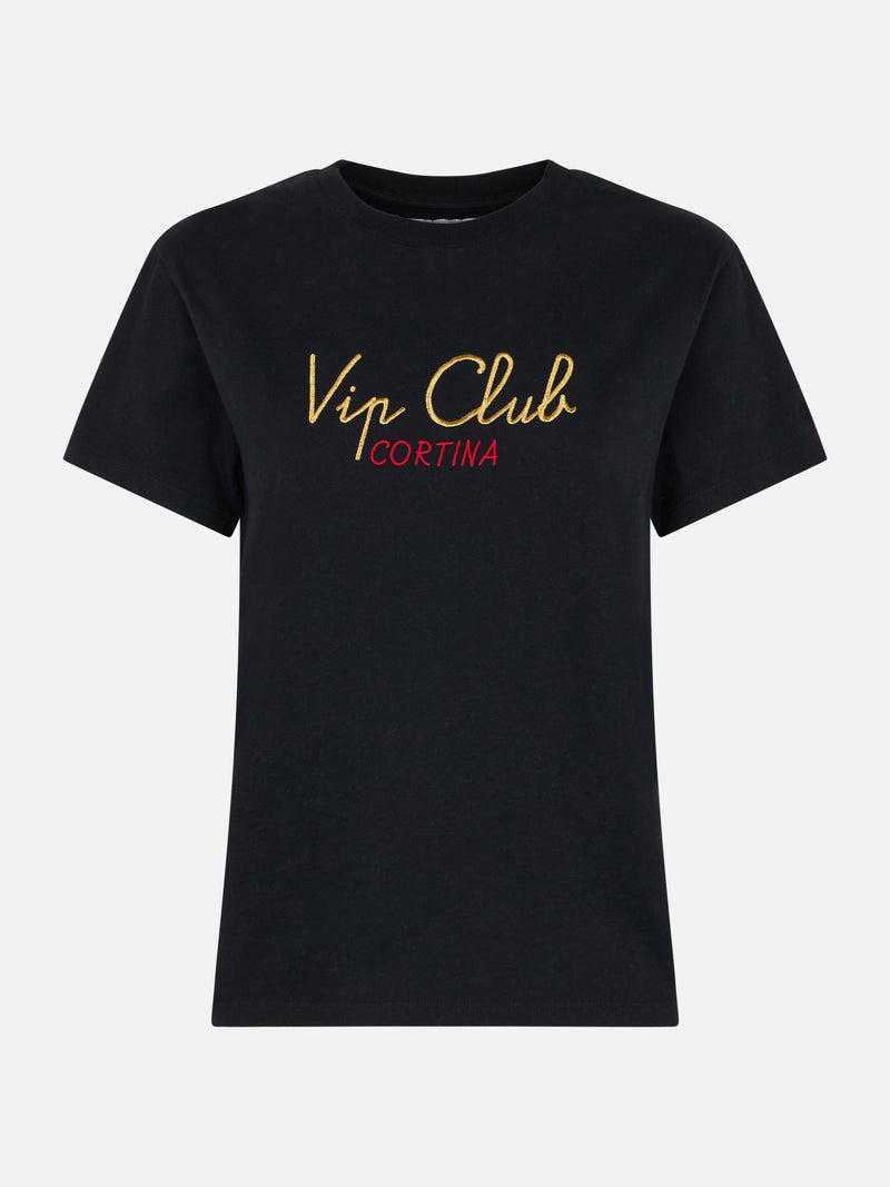 Schwarzes Damen-T-Shirt Emilie aus schwerer Baumwolle mit Vacanze Vip-Stickerei | VIP CLUB CORTINA SONDEREDITION