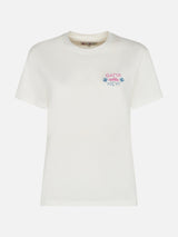 Woman heavy cotton white t-shirt Emilie with Gatta delle nevi embroidery | INSULTI LUMINOSI SPECIAL EDITION