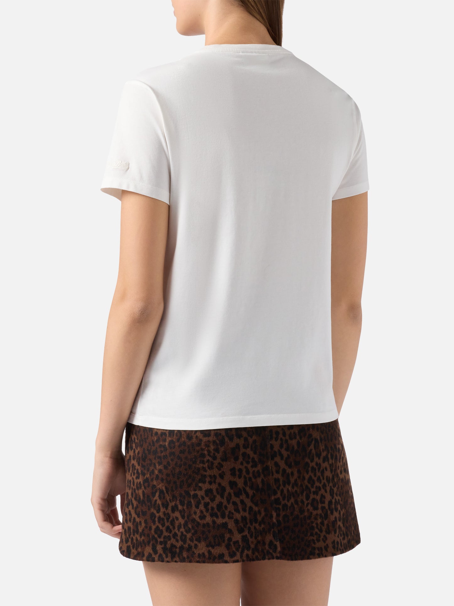 Emilie organic cotton T-shirt in white with Non smetterò mai di Sp(l)endere embroidery