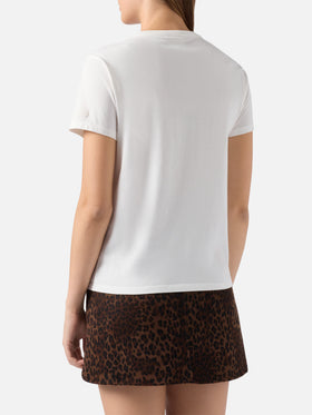 Emilie organic cotton T-shirt in white with Non smetterò mai di Sp(l)endere embroidery