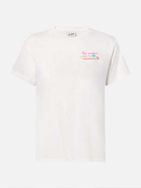 Emilie organic cotton T-shirt in white with Non smetterò mai di Sp(l)endere embroidery