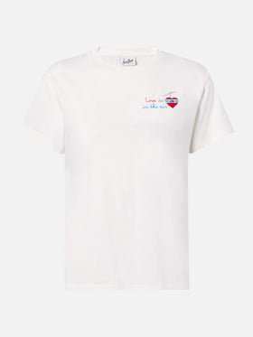 Emilie cotton T-shirt in white with Love is in the air embroidery