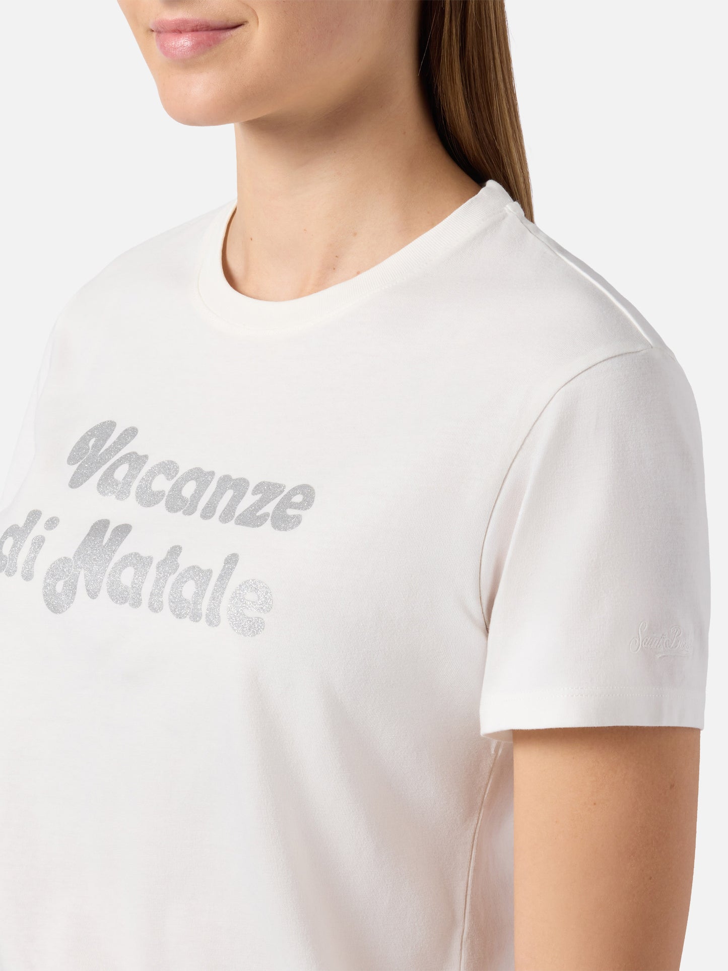 Emilie cotton T-shirt in white with Vacanze di Natale silver glitter print | VACANZE DI NATALE SPECIAL EDITION