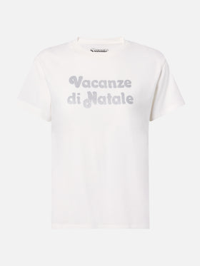 Emilie cotton T-shirt in white with Vacanze di Natale silver glitter print | VACANZE DI NATALE SPECIAL EDITION