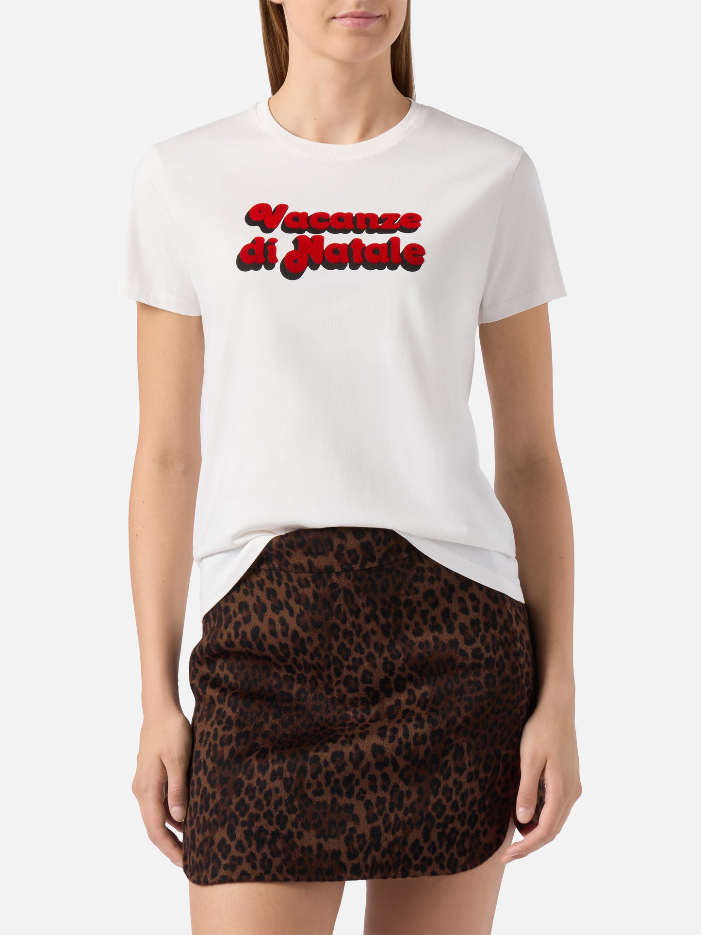 Emilie organic cotton T-shirt in white with Vacanze di Natale flock print | VACANZE DI NATALE SPECIAL EDITION