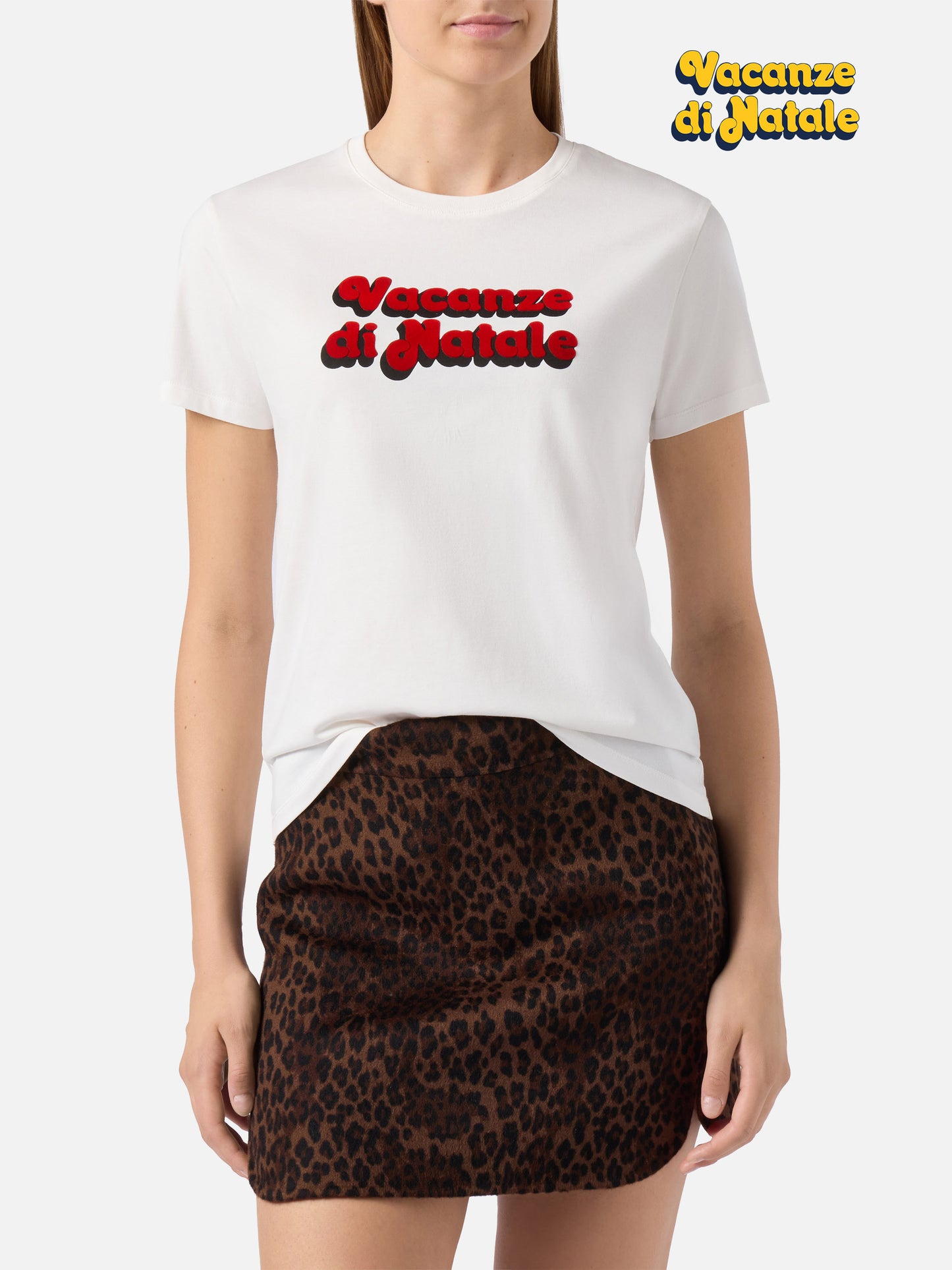 Emilie organic cotton T-shirt in white with Vacanze di Natale flock print | VACANZE DI NATALE SPECIAL EDITION