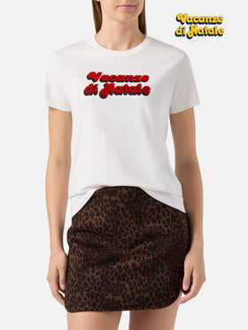 Emilie organic cotton T-shirt in white with Vacanze di Natale flock print | VACANZE DI NATALE SPECIAL EDITION