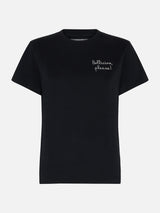 Woman heavy cotton black t-shirt Emilie with Bollicine please embroidery